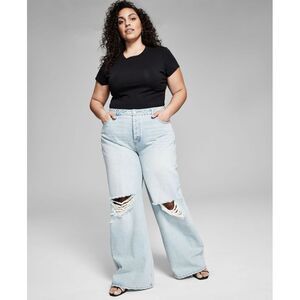 Now This Trendy Plus Size Cotton Ripped Wide Leg Jeans